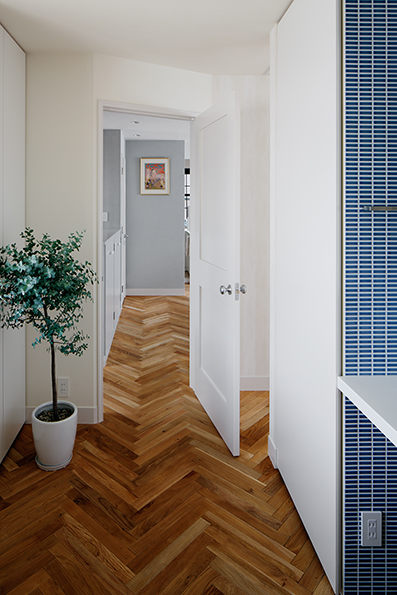 洗面コーナーからリビングを見る