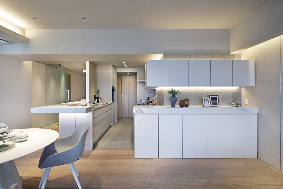 キッチンのシンクは手前のカウンター収納で手元が隠れる設計になっている　奥にはパントリーの木の扉