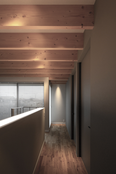 2階の廊下より　手すり部分に間接照明が組み込まれている