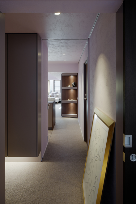 主寝室から玄関ホールを通してLDKを見る