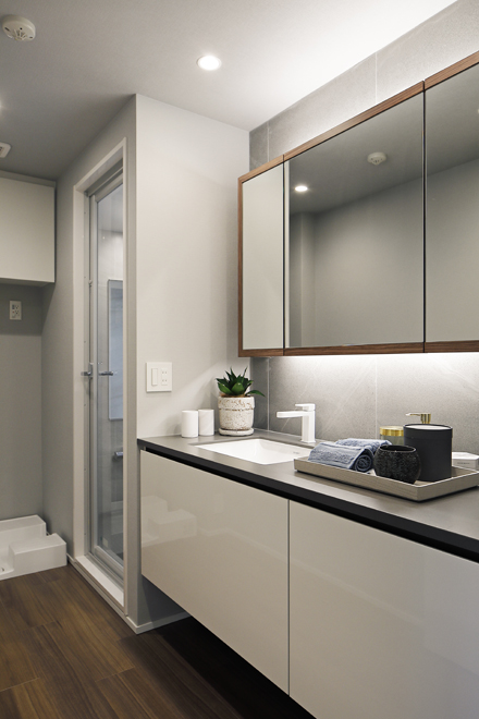 作業スペースがある広い洗面台 ウォールナットの木框が美しい鏡収納 作業スペースがある広い洗面台 ウォールナットの木框が美しい鏡収納